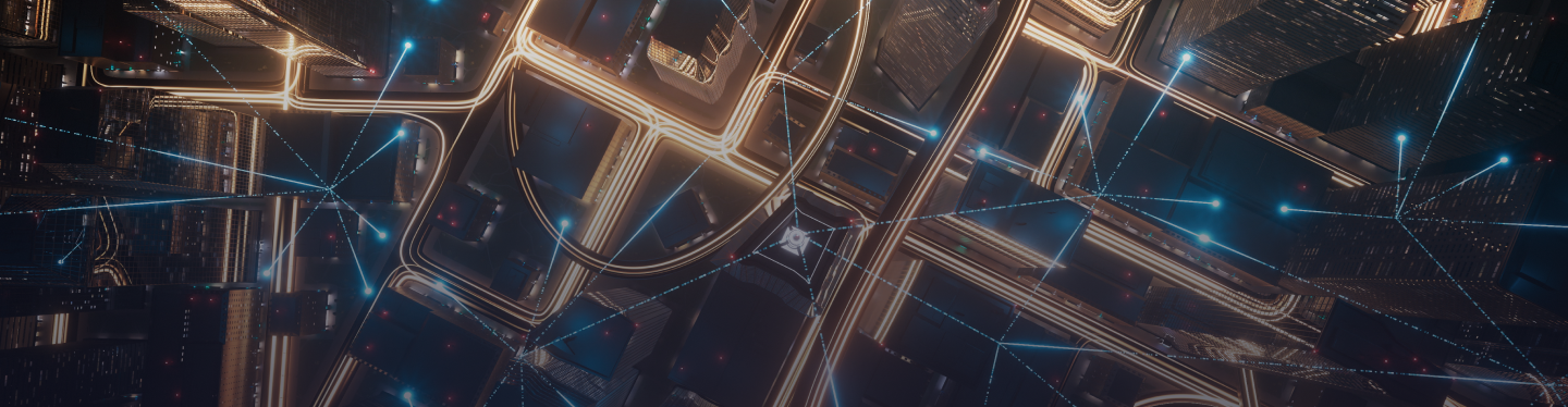 Banner ilustrando feixes de luz passando entre ruas e prédios, indicando a gestão de energia